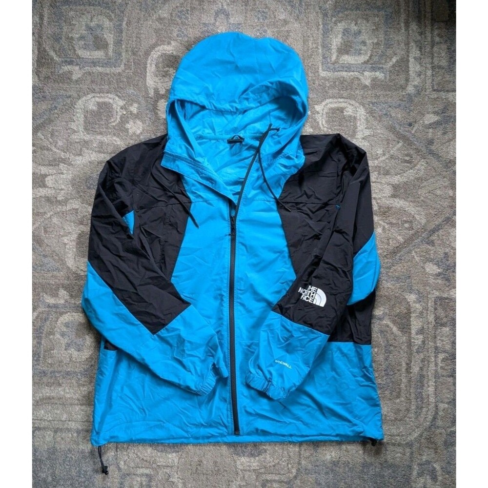 The North face Jacket Blue Wind Breaker Mens 2XL Windwall Blue Black Hooded